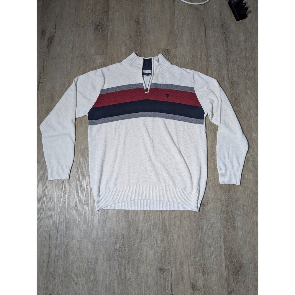 U.S. Polo Assn. Sweater Mens L White with Burgundy Long Sleeve Embroidered